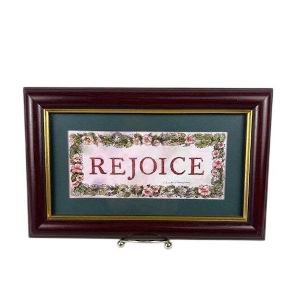 Vintage HOMECO Framed REJOICE Art Floral Holly Berry Vintage Home Decor